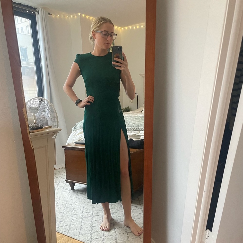 Reformation green dress with high slit and open back